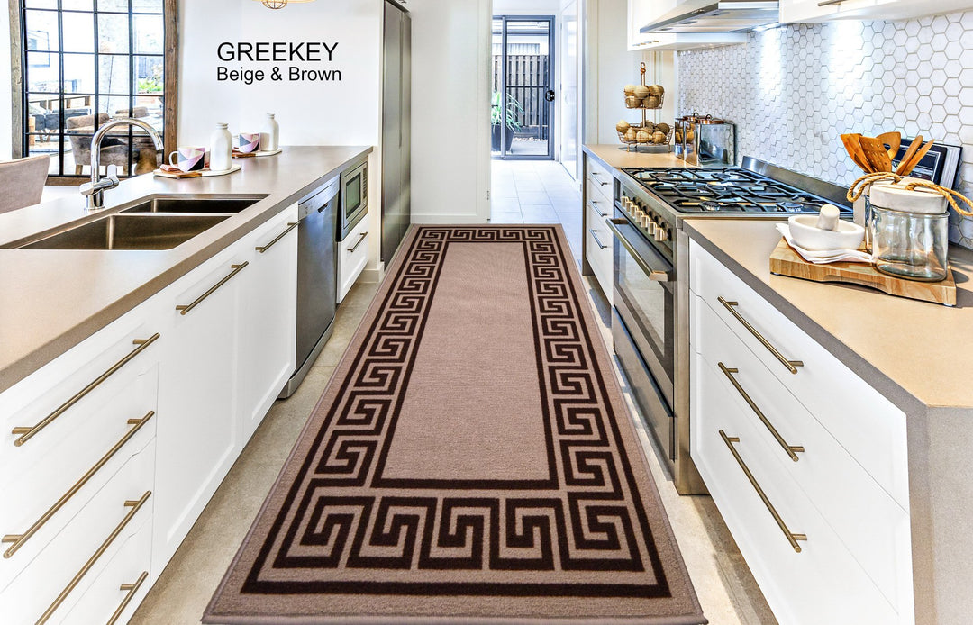 Greek Key Washable Indoor Mat – Beige-Brown