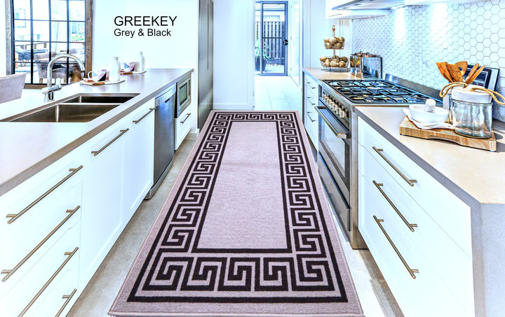 Greek Key Washable Indoor Mat – Grey-Black